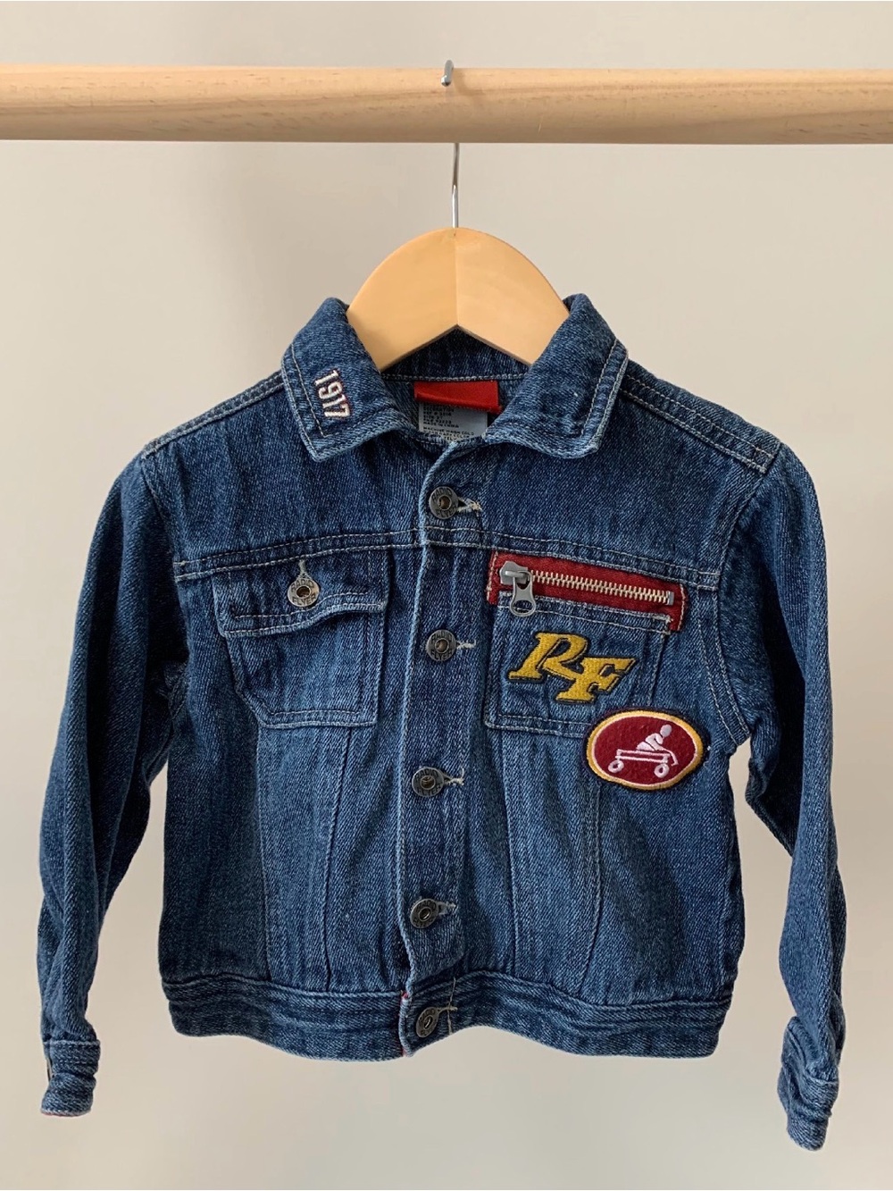 Y2K Radio Flyer Blue Denim Jacket with Embroidered Patches 18M (2003)